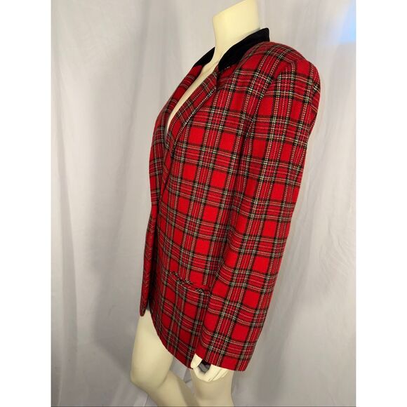 Vintage Sag Harbor Red Plaid Wool Blend Blazer with Black Velvet Collar – Size 1 - Picture 15 of 16